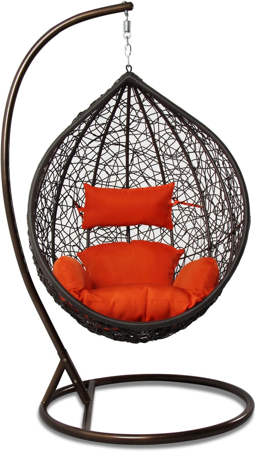 Hanging Basket Chair Outdoor Front Porch Furniture with Stand and Cushion (Brown Wicker, Orange Cushion)