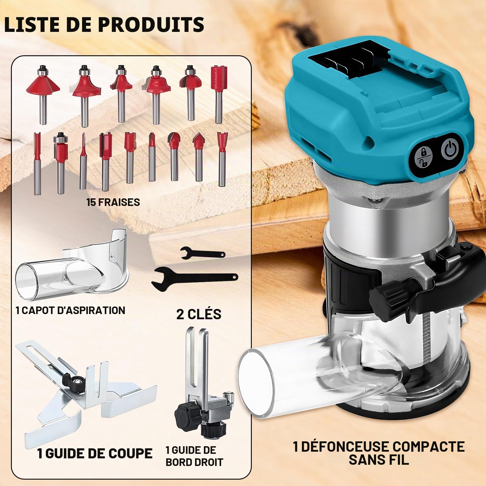 Affleureuse à Bois Défonceuse Électrique 800W Pour Batterie Makita 18V/21V, 10000-30000 RPM, 6 Vitesses Variables, Affleureuse Défonceuse Avec 15 Fraises à Défoncer Queue de 1/3"