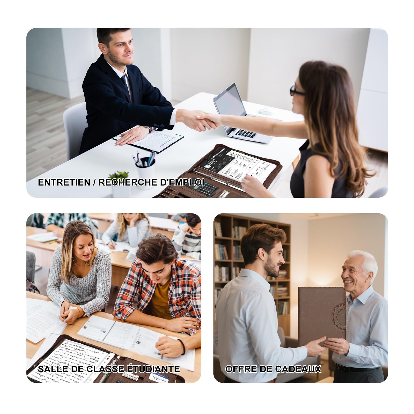 Leathario Porte Documents A4 avec Calculatrice, Portfolio avec Poignées Magnétiques en Simili Cuir, Organiseur de Conférences 4 Reliures à Anneaux, 10 Feuilles Classeuses Souples Offertes et 1 Stylo