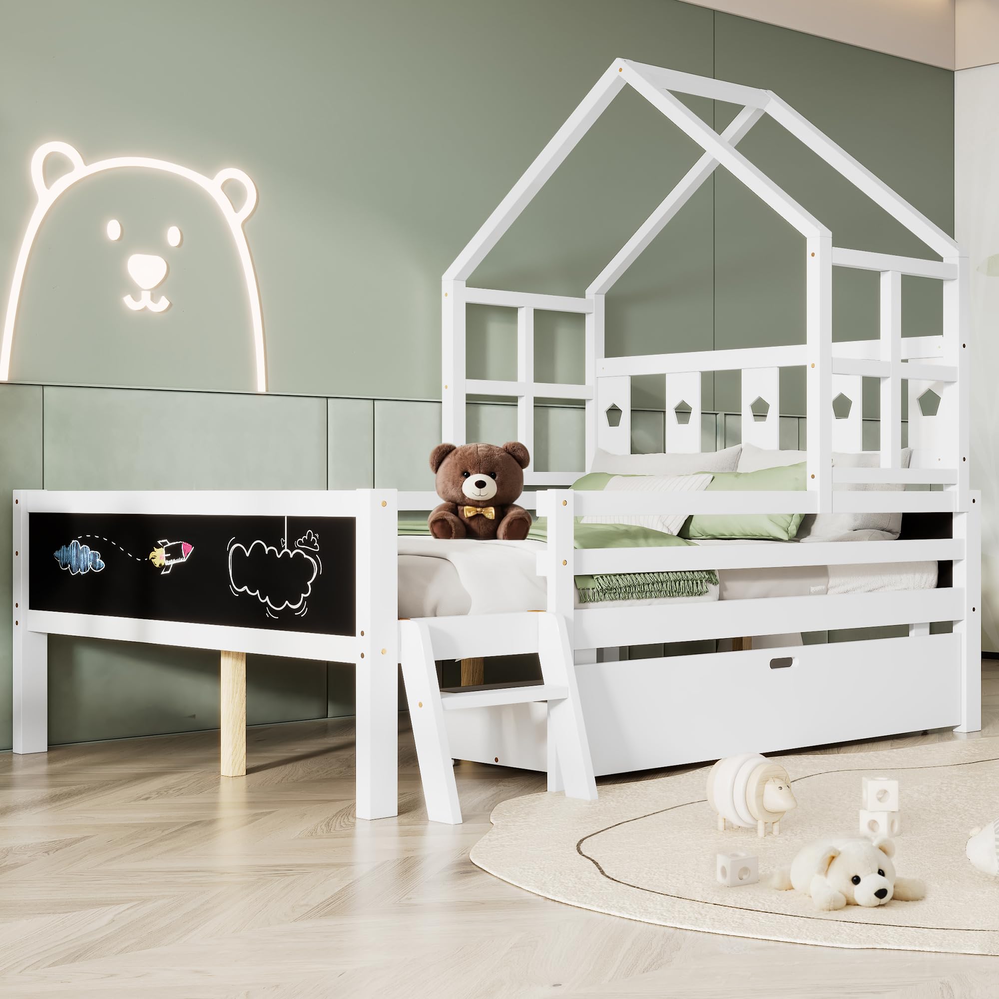 Full Size House Bed for Kids, with Ladder and Storage Drawers for Kid Bedroom, Solid Wood Platfrom Bedframe with 2 Blackboard Design, No Box Spring