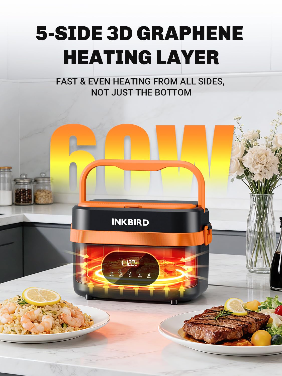 Inkbird Contenitore per il pranzo elettrico, 60 W, con funzione di riscaldamento rapido, ricaricabile, portatile, 1,5 l, a tenuta stagna, riscaldato, per ufficio, camion, esterno