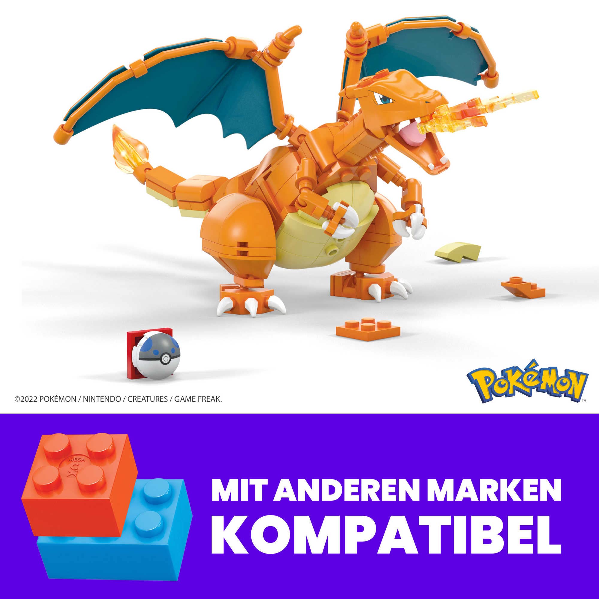 Mega Pokémon Glurak, Figur zum Zusammenbauen, 223 Bausteinen, mit beweglichen Flügeln und Pokéball-Stift, Pokémon Spielzeug, ab 6 Jahre, GWY77