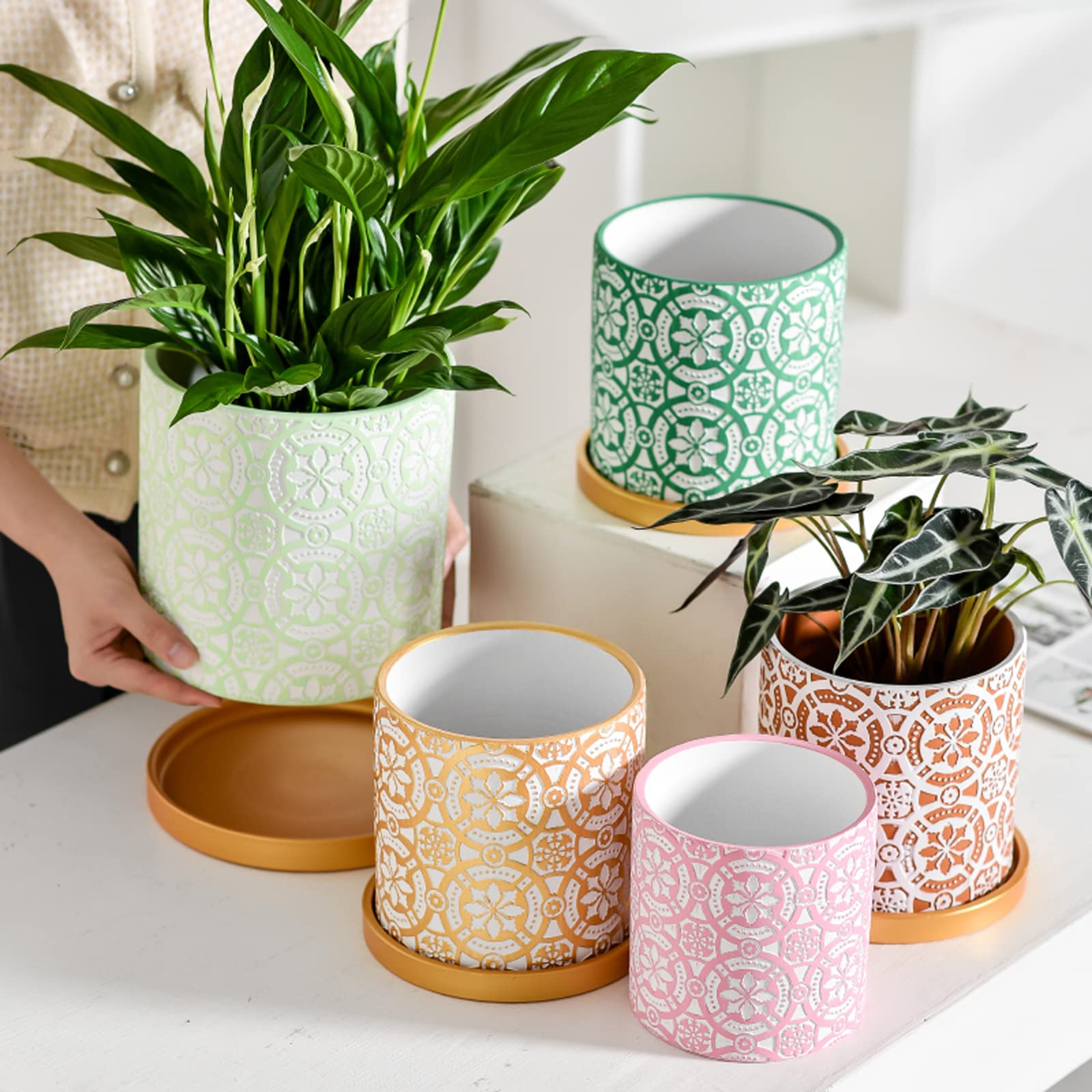 Vasi da Giardino Vasi per Piante in Ceramica Goffrata, Vaso da Fiori cilindrico da 5,1/5,9/7 Pollici con Foro di drenaggio e Vassoio per Piante da Interno ed Esterno