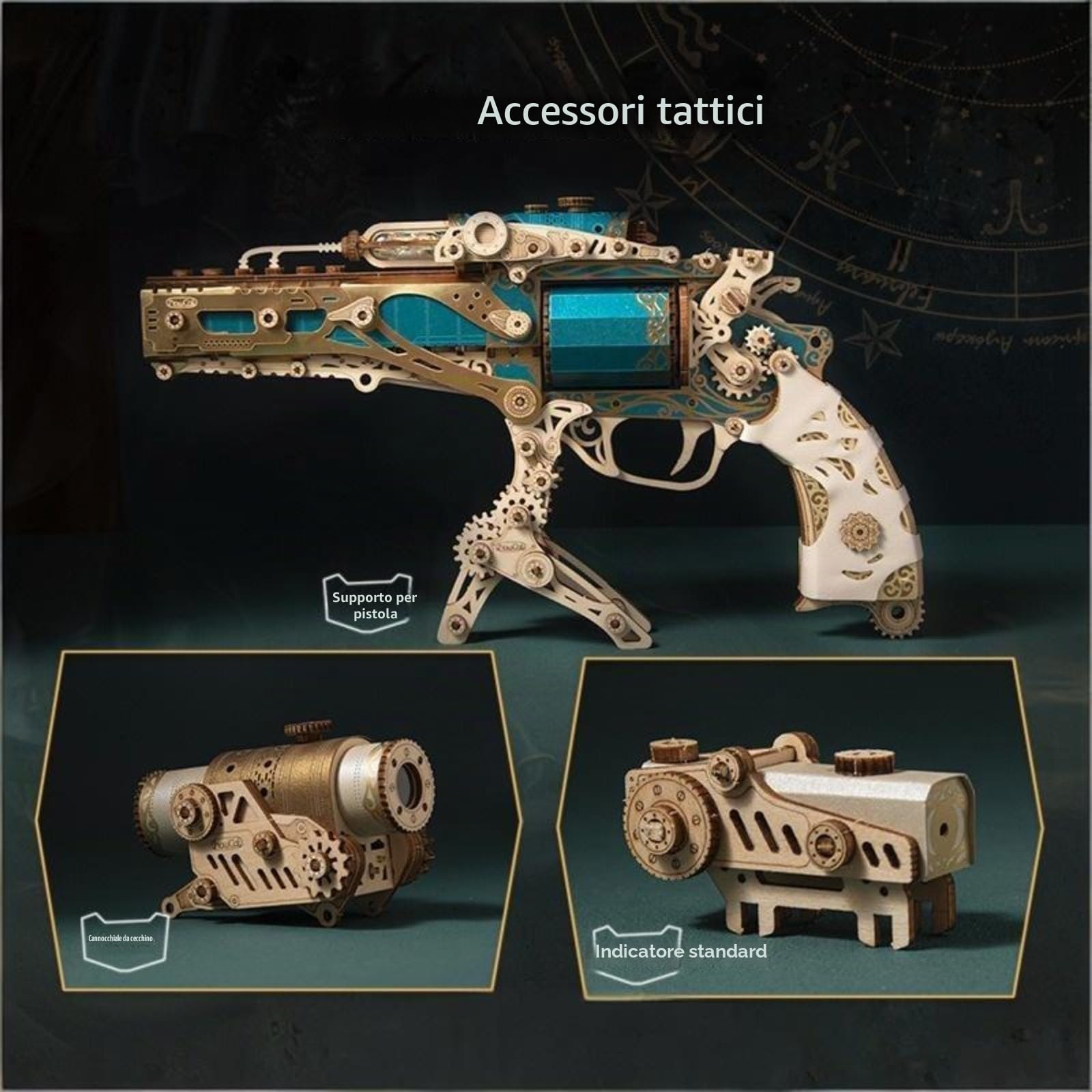 Kit di modellismo meccanico di revolver steampunk, corpo blu giada + accessori tattici + scatola da collezione, set deluxe, giocattolo antistress in legno fai-da-te.