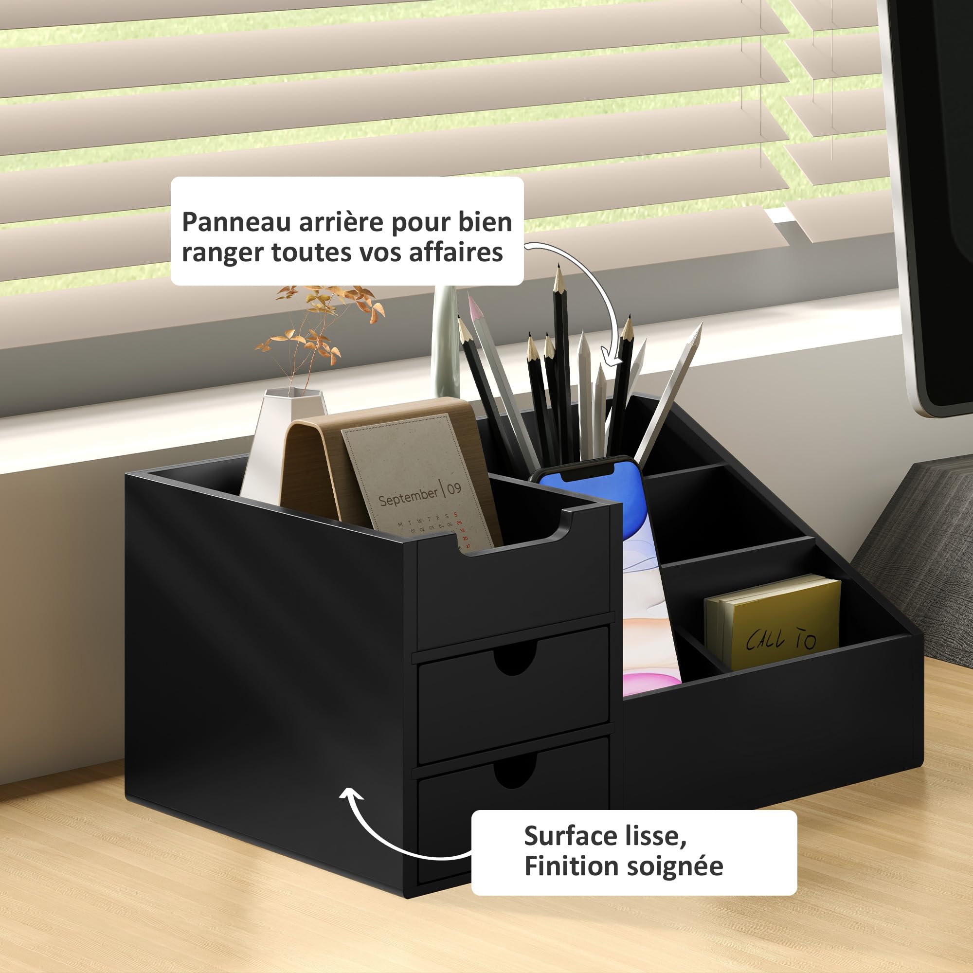 HOMCOM Boite de Rangement de Bureau - Organiseur de Bureau - 7 Compartiments, 2 tiroirs - Bambou Verni, Noir