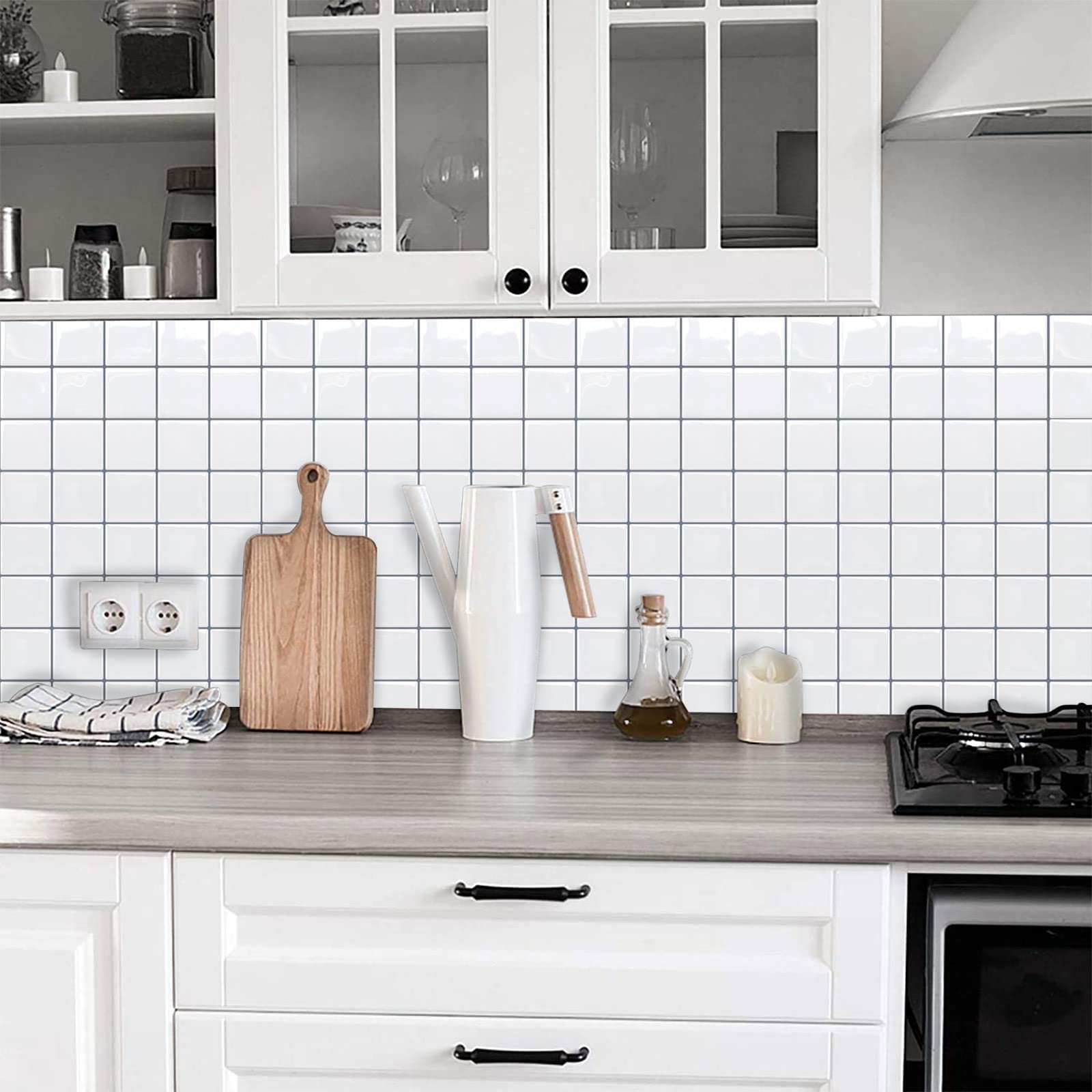 Paquete de 10 pegatinas de vinilo for azulejos de pared, multicolor, 25 x 25 cm(White and Grey)