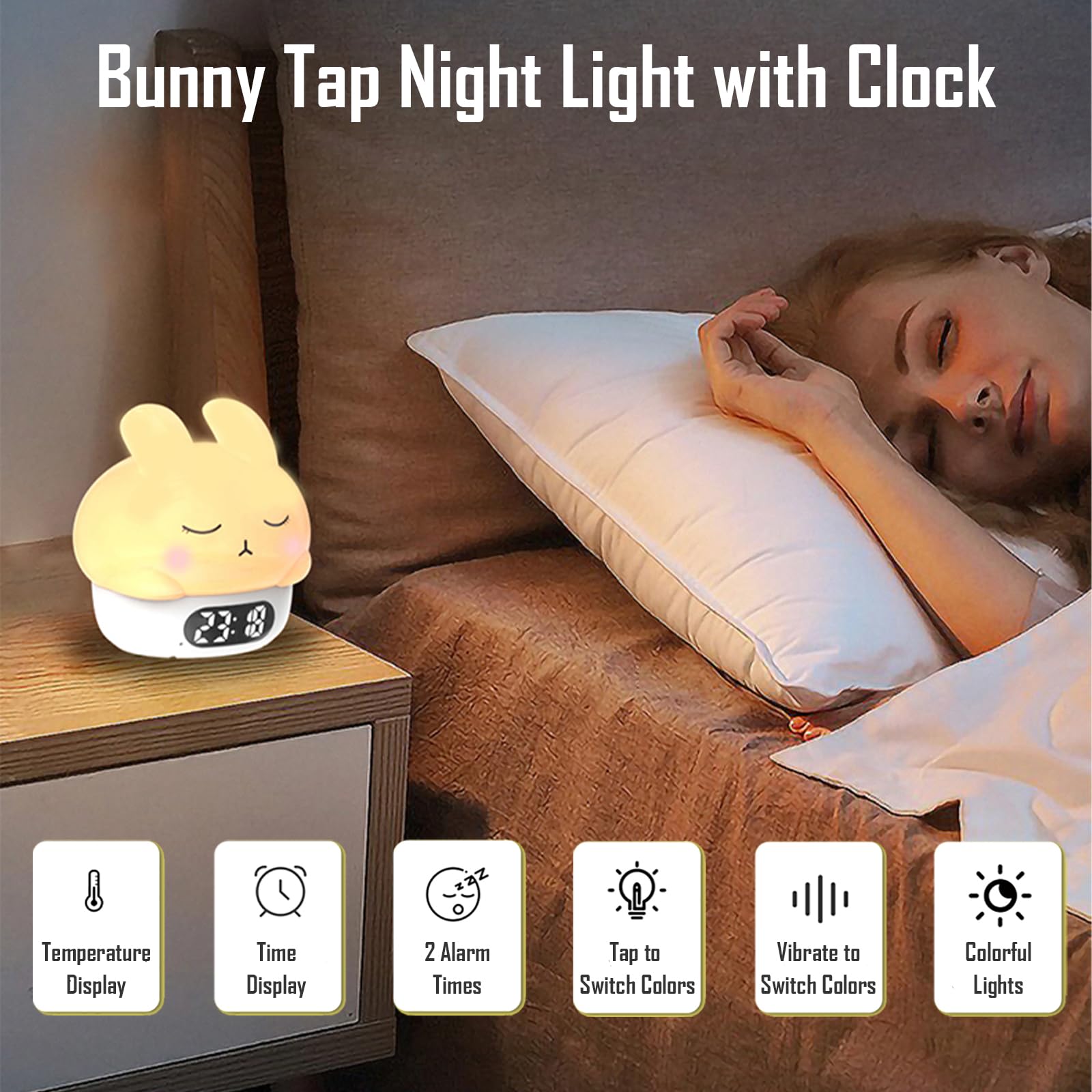 Cute Bunny - Luz nocturna recargable RGB, pantalla de silicona suave, reloj LED de brillo ajustable, fecha, alarma, termómetro, temporizador, control de grifo, lámpara de dormitorio, regalo para niñas