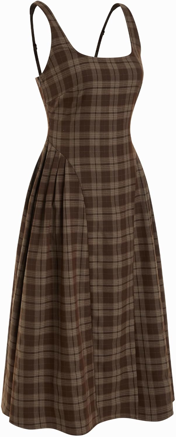 CIDER Plaid midi Dresses for Women Vintage A-Line Square Neck Sleeveless Casual Dress