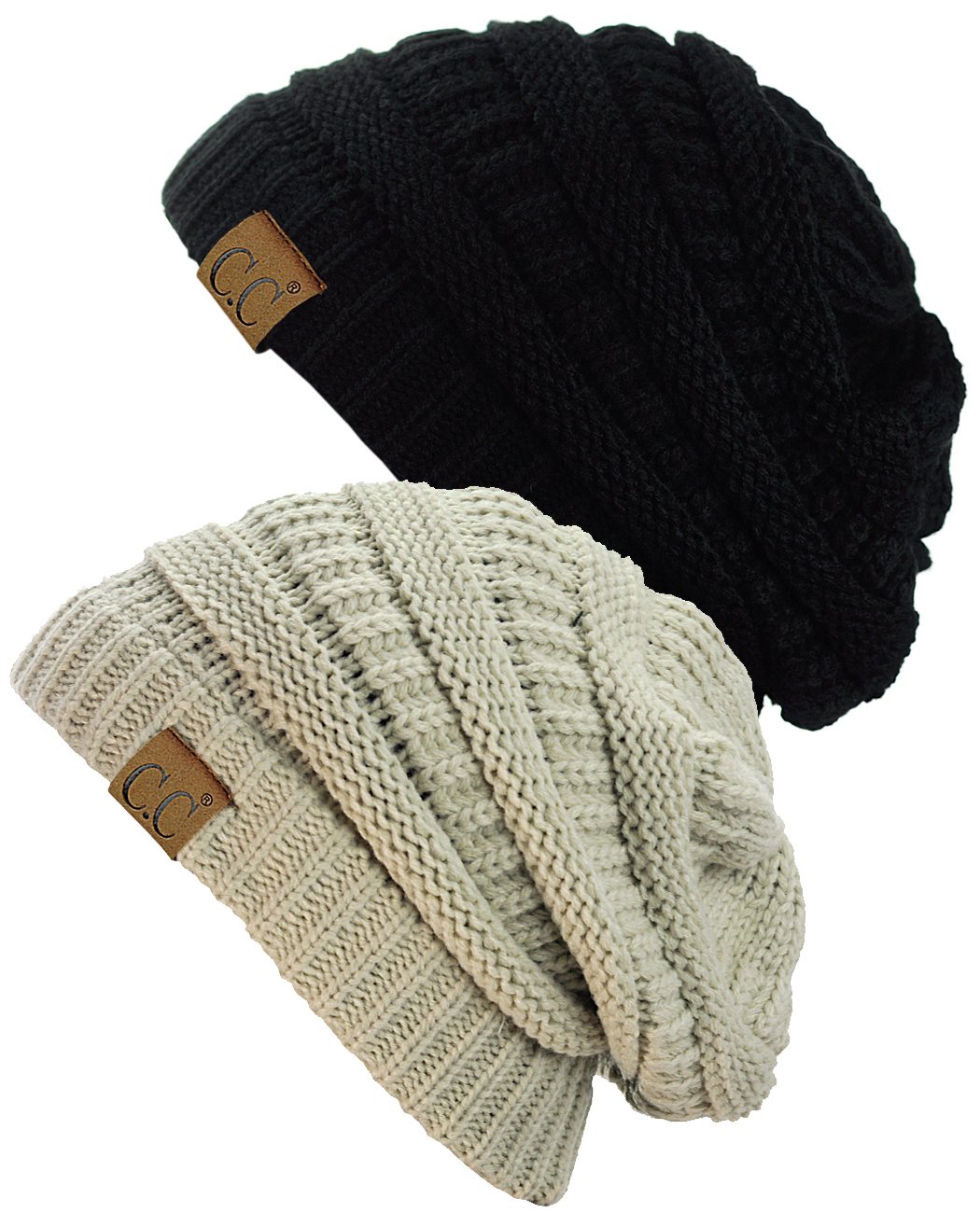 C.C Trendy Warm Chunky Soft Stretch Cable Knit Beanie Skully, 2 Pack Black/Beige