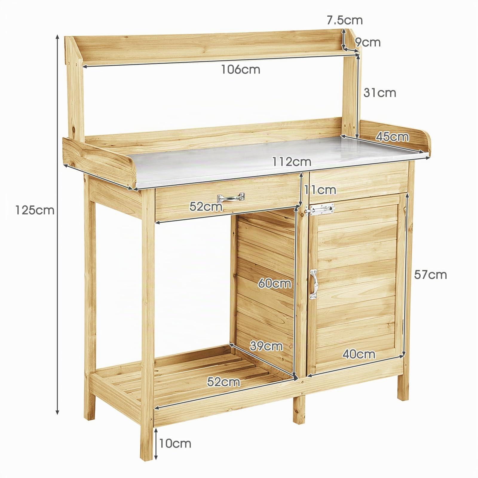RELAX4LIFE Pflanztisch, Gartenarbeitstisch mit verzinkt Arbeitsplatte, Gärtnertisch aus Holz, Blumentisch mit 3 Haken, Schubladen, Unterschrank und offenem Regal, Gartentisch Wetterfest, 112x46x125 cm