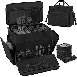 Estojo de maquiagem extragrande com 4 bolsas removíveis, estojo de maquiagem profissional com rodas, bolsa de cosméticos de viagem para cabeleireiros e maquiadores com carrinho removível