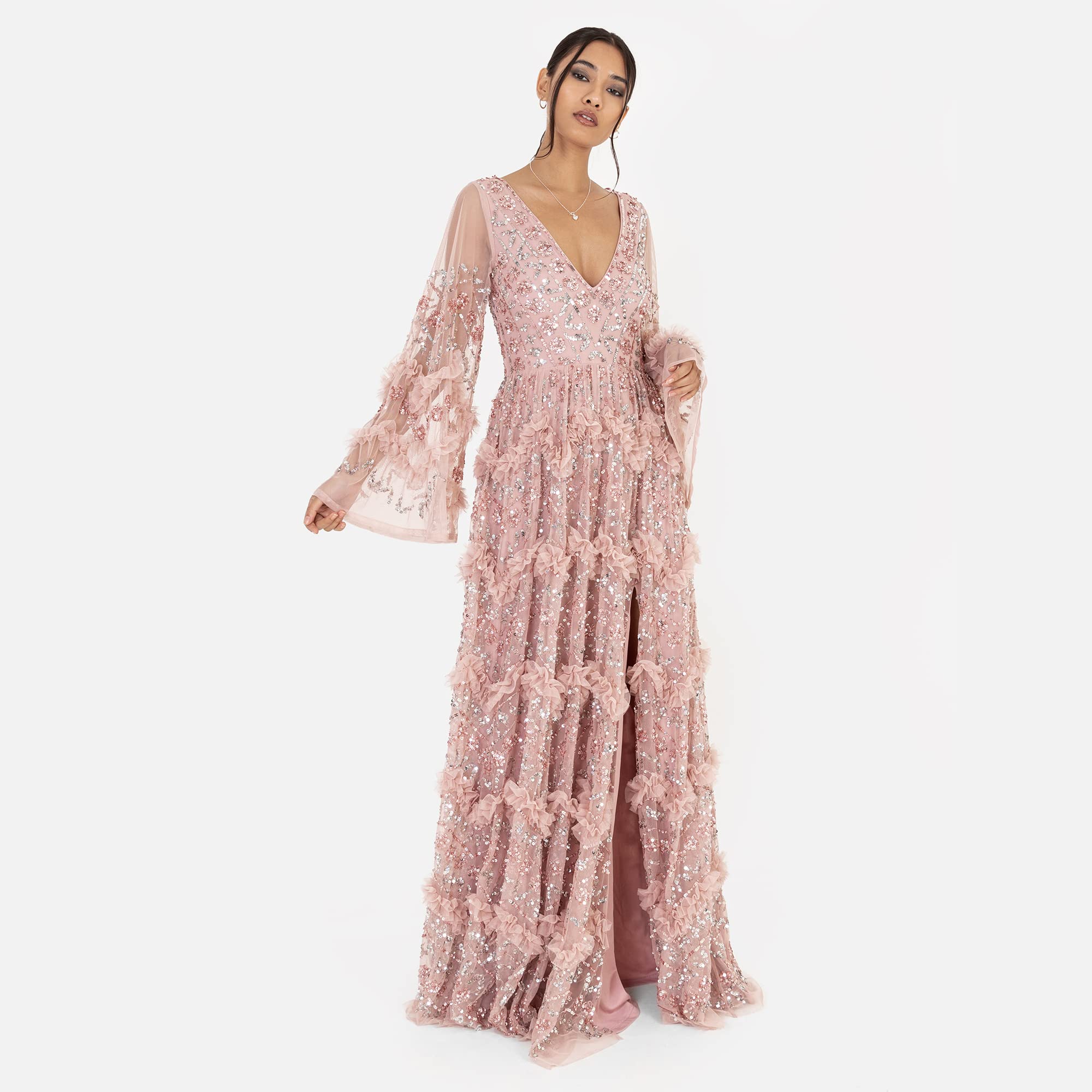Maya Deluxe Ladies Womens Maxi Dress V Neckline Sequin with Ruffle Empire Waist Slit Split For Prom Ball Bridesmaid Wedding Guest Vestidos para Mujer