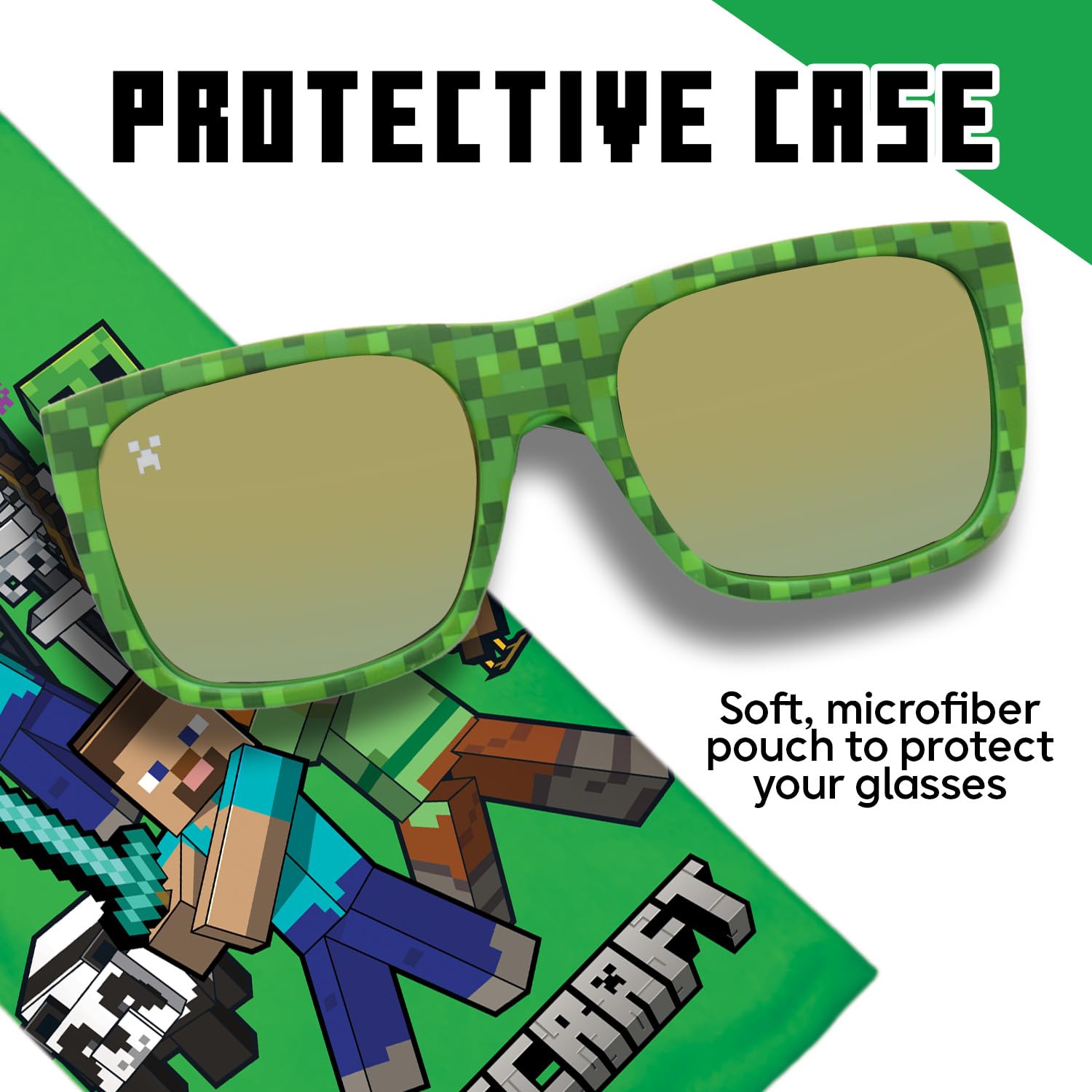 Sun-Staches Minecraft Sonnenbrille von Arkaid – Stilvolle, bequeme und langlebige UV-Schutzbrille für Kinder, Minecraft-Brille mit weicher Tragetasche, offizielles Minecraft-Geschenk für Jungen