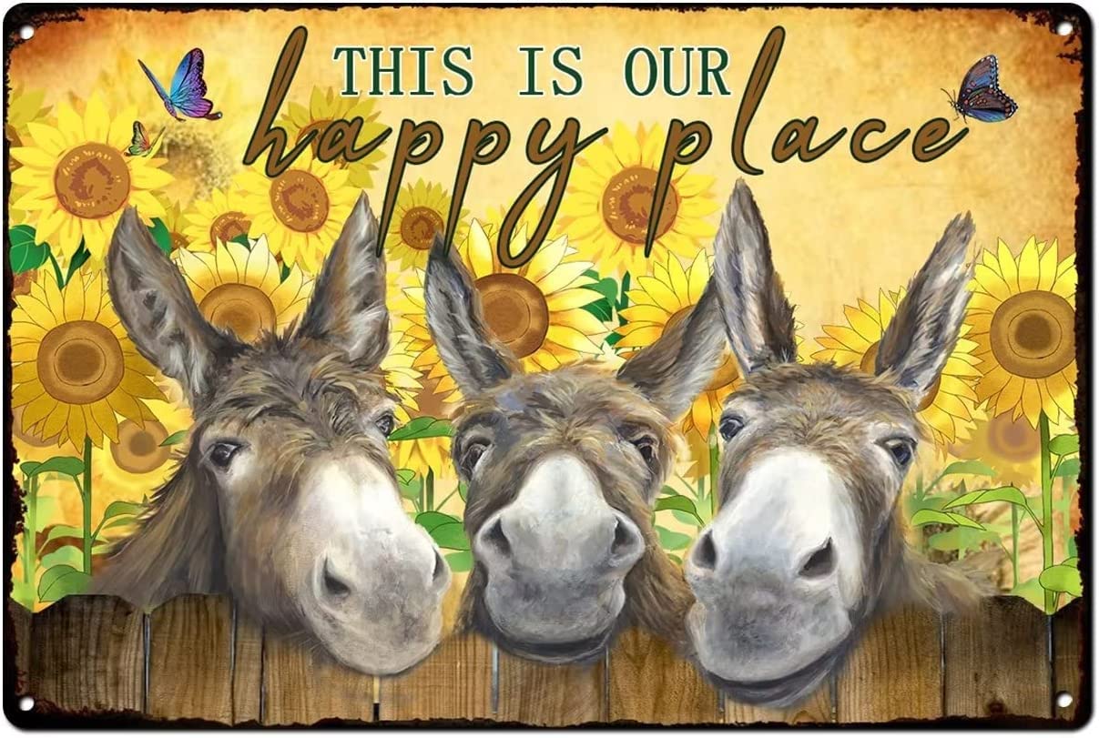 3 Friendly Donkeys Metal Signs Vintage This Is Our Happy Place Retro Poster Wall Art for Home Kitchen Office Club Bar Gym Decor Plaque 12x16 Inch — image 1