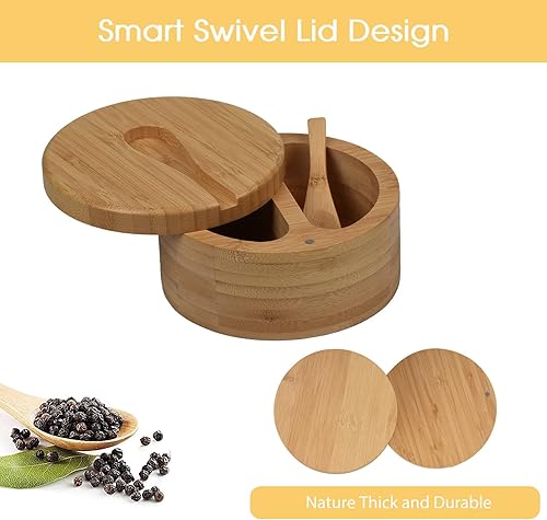 Miniatura 4 de Prefdo Caja de bambú para sal y pimienta con tapas, bodega de sal dividida con tapa giratoria y mini cuchara, contenedores de almacenamiento de