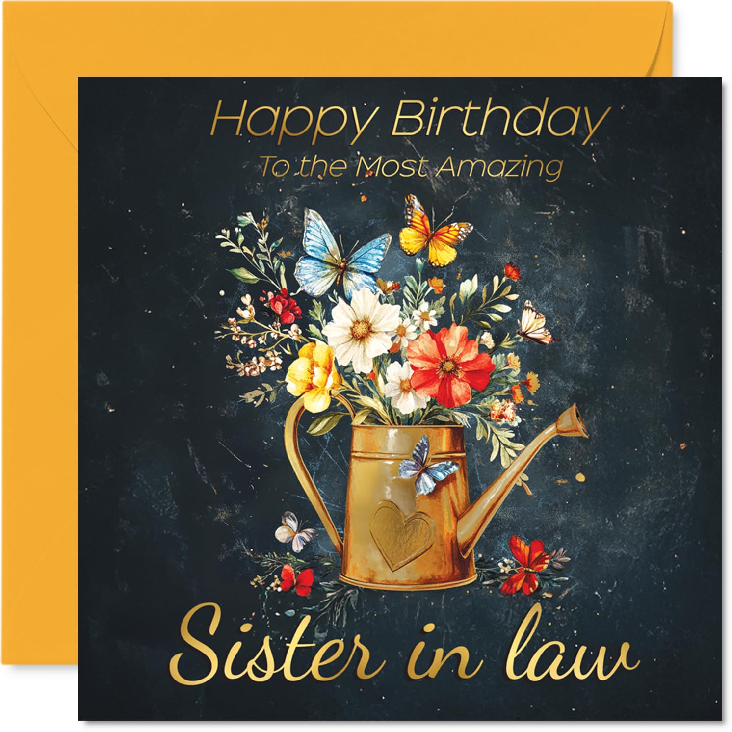 Gold Sister in Law Birthday Card - Watering Can Flowers - Happy Birthday Card for Sister in Law from Brother Sibling, 145mm Golden Floral Garden Greeting Cards