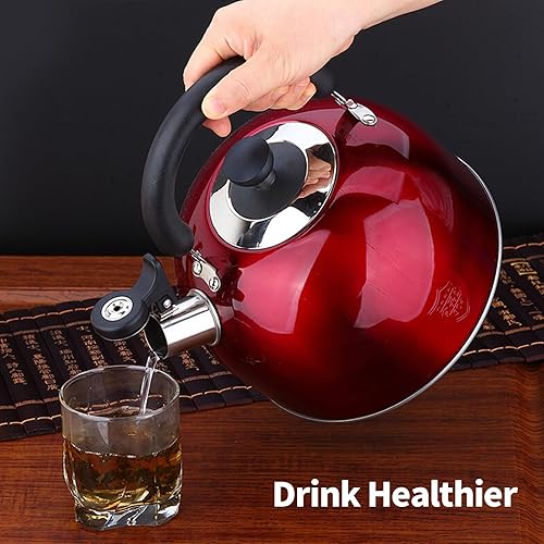 Miniatura 7 de Tetera silbante de 3.75 cuartos de galón4L, tetera de acero inoxidable para estufa, tetera vintage con mango ergonómico táctil (rojo)