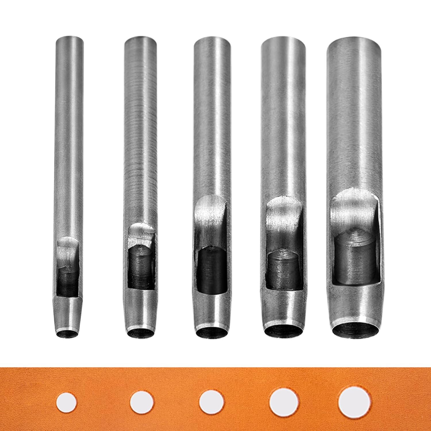 WUTA 5-Piece Round Hollow Punch Set Steel Leather Hole Punch Tool for Leather Craft Watchbands Belts Gaskets Rubber Fabric Paper DIY(6+8+10+12+15mm)