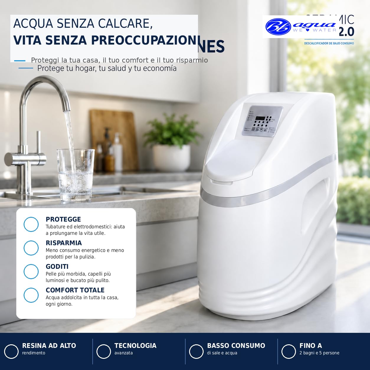 Bbagua Ceramic Pilot 2.0 Addolcitore Acqua, 3 Bagni, 5 Persone | Addolcitore acqua domestico fino a 3 bagni e 5 persone