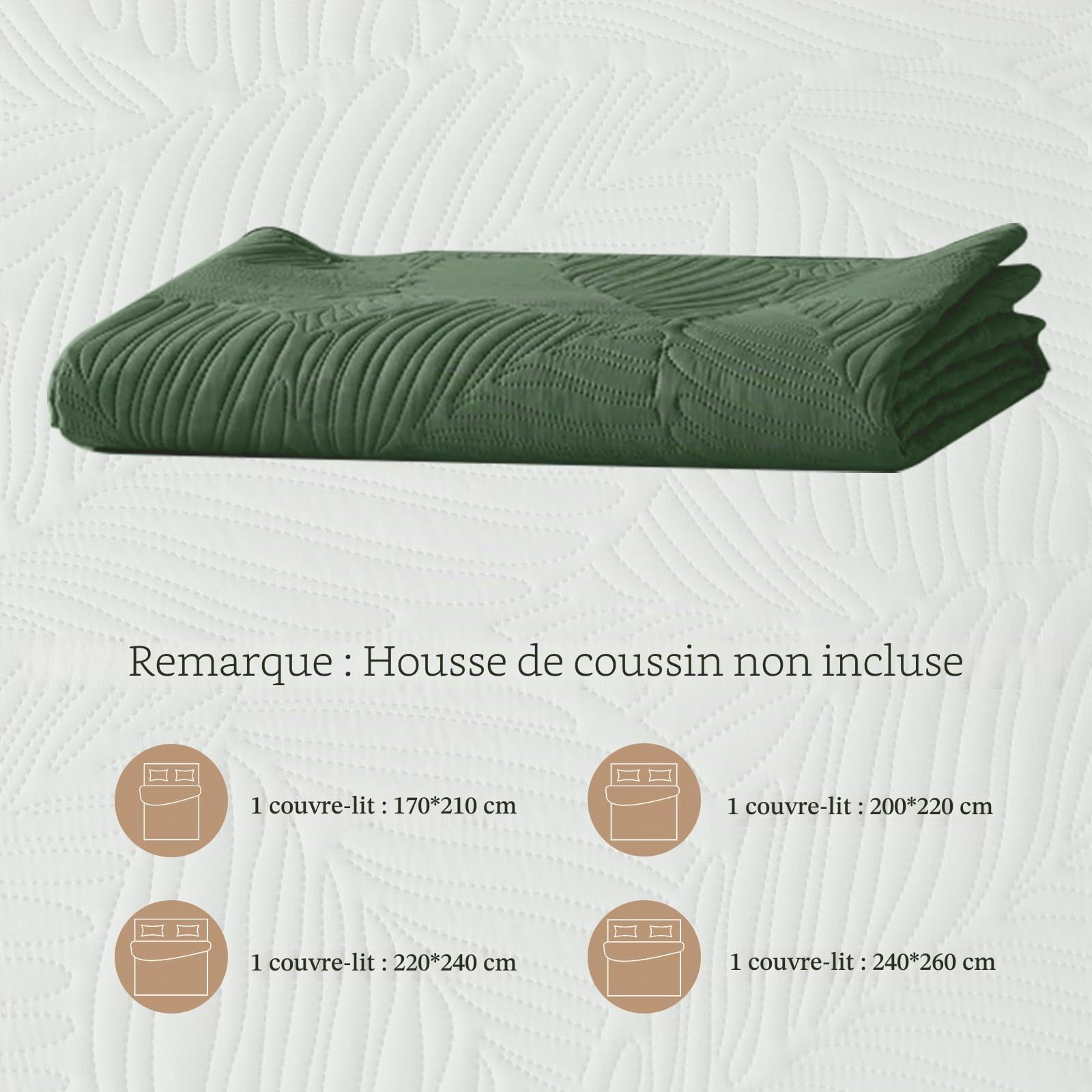 Couvre-lit 170x210 cm Vert,Boutis Matelassé en Polyester Doux,Motif Feuilles Décoratif,Confort Léger et Doux,pour Lit Double et Canapé,Convient à Toutes Les Saisons