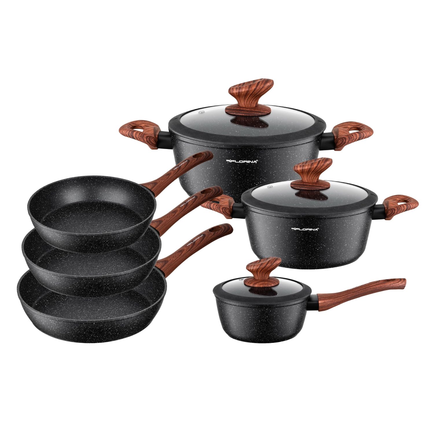 FLORINA MASTER BLACK Topf- & Pfannenset | 6-teiliges Set | Aluminium hochwertig | Glasdeckel mit Dampfauslass | Für Induktion, Gas, Elektro, Keramik | Spülmaschinengeeignet | Großes Set