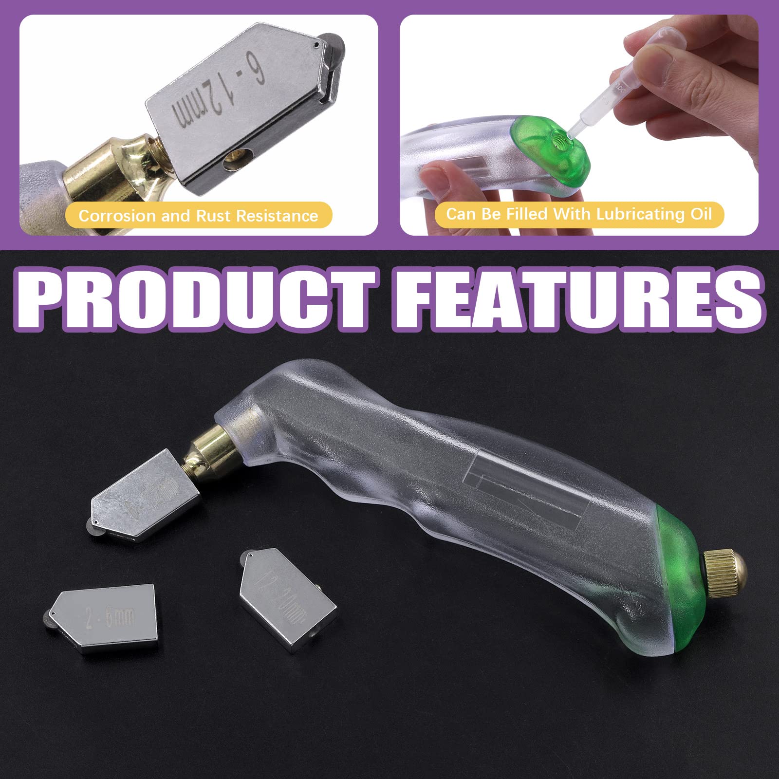 Swpeet 11Pcs 2mm-20mm Vidrio Cortador Pistola Agarre y Agarre Ergonómico Carburo de Tungsteno Herramientas de Corte de Vidrio con Gota de Aceite y Pluma Vidrio Cortador Kit de la Variedad, Herramienta