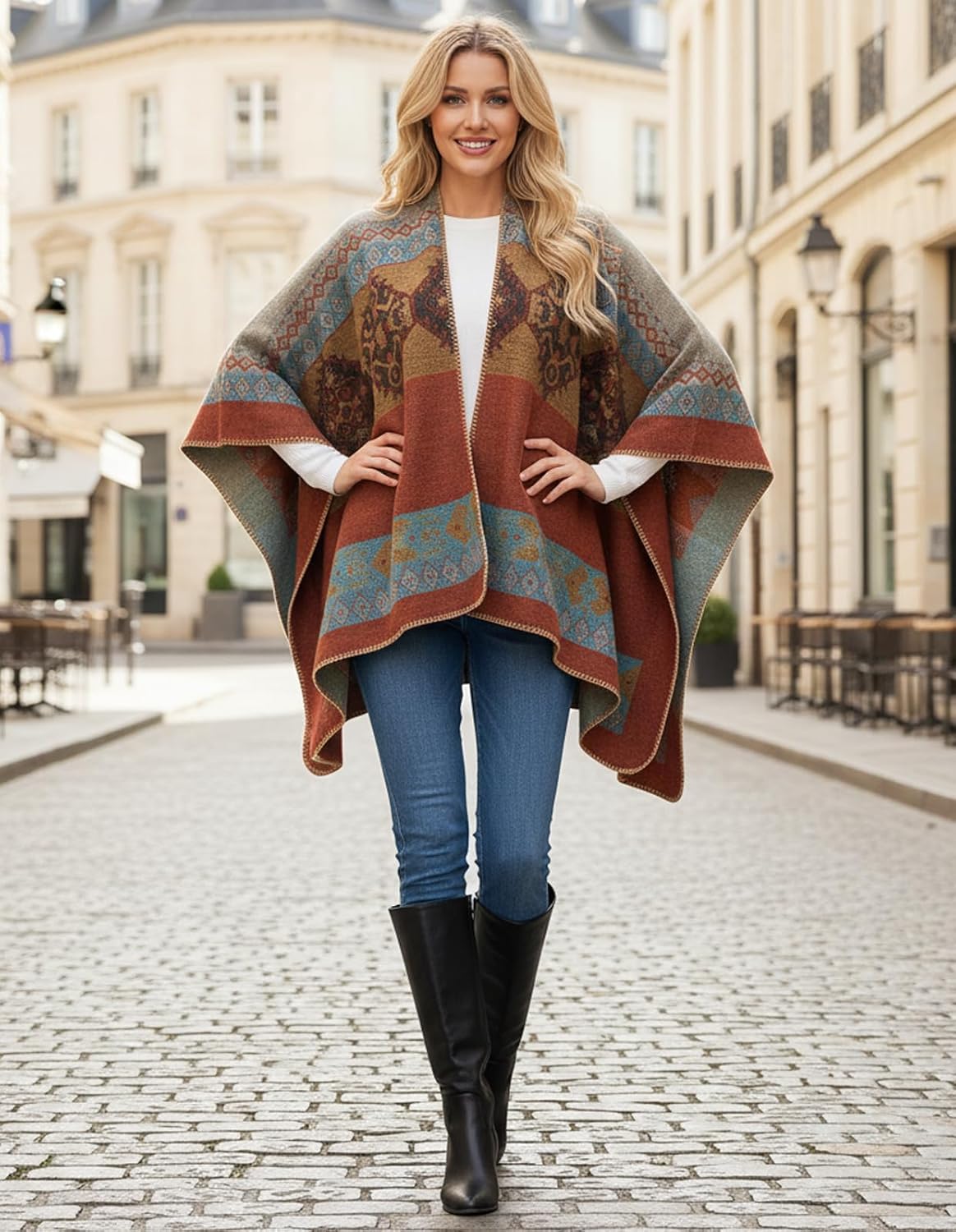 Women's Shawl Wraps Open Front Poncho Cape Oversized Sweaters Casual Cardigan Shawls for Fall Winter - Image 8