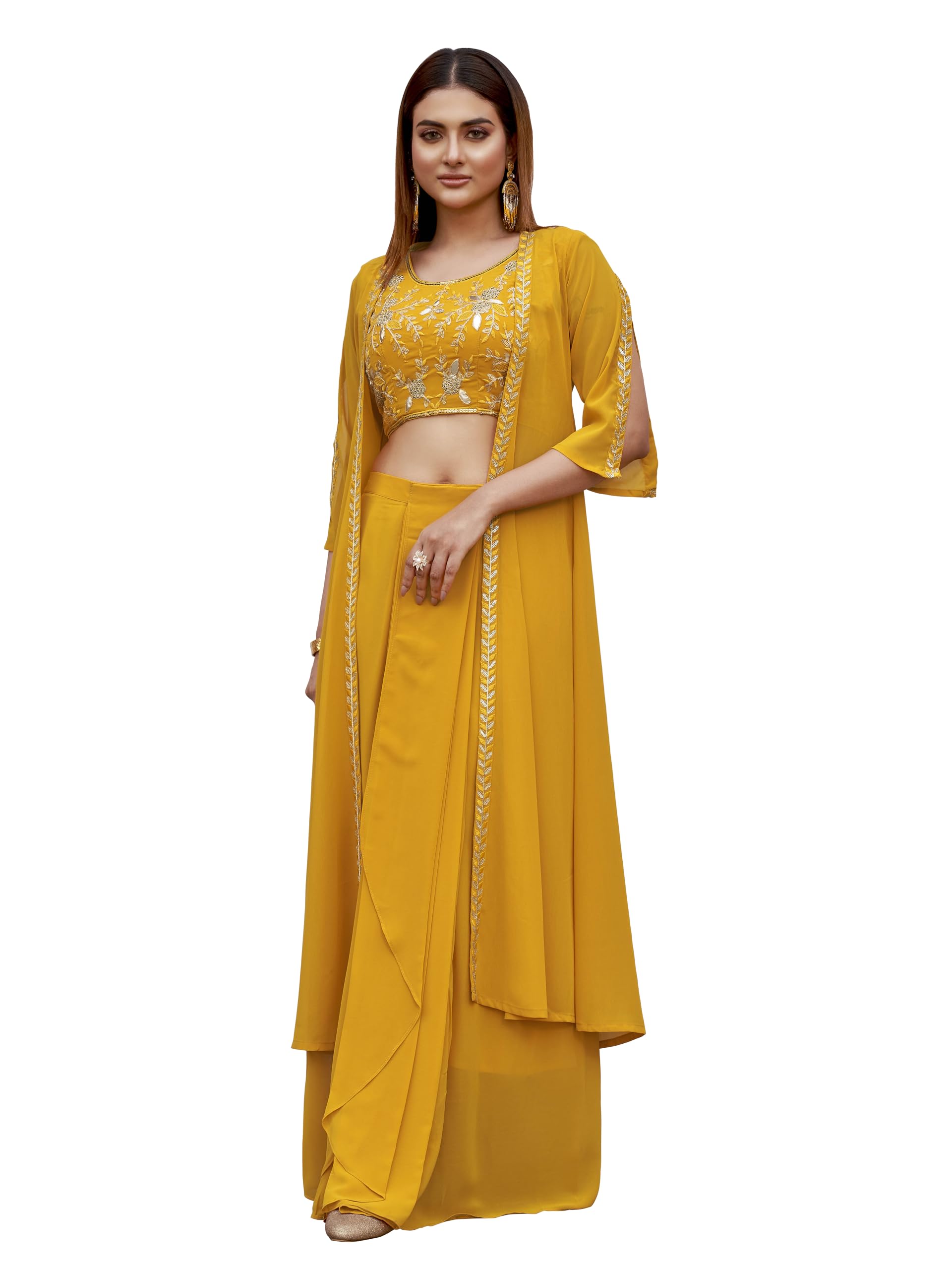 Womanista Women's Georgette Solid Straight Embroidered Kurta Set (Kurtaset_1386_Yellow