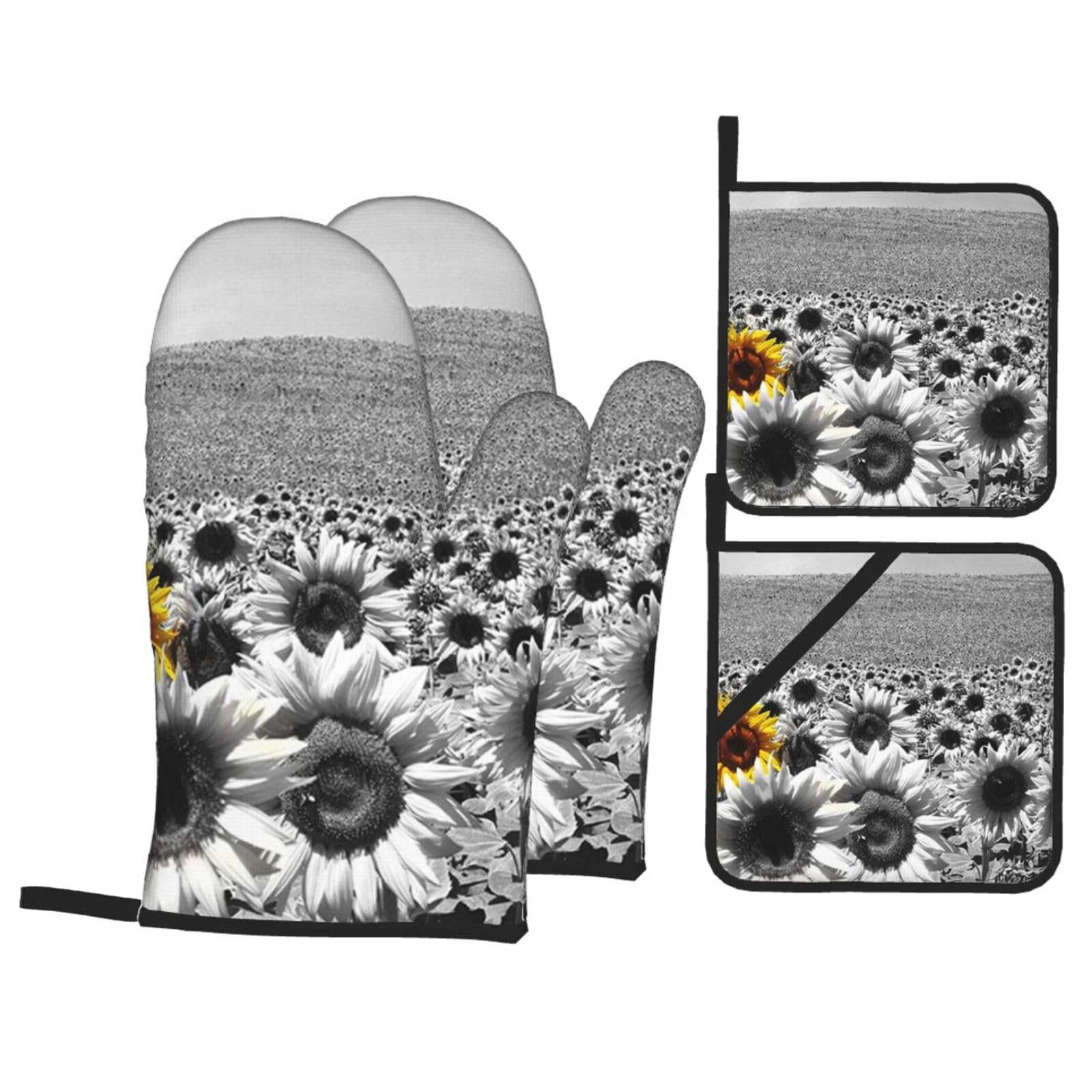 Black And White Sunflowers Print Stylish Heat-Resistant Oven 4-Piece Set Kitchen Gloves Roasting Daily Cooking