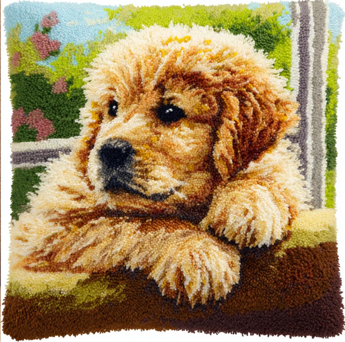 Kitquiver Animal DIY Latch Hook Kit Dog On The Windowsill Latch Hook Kit for Adults Beginners Embroidery Crochet Set DIY Throw Pillow Covers Kits 17x17In