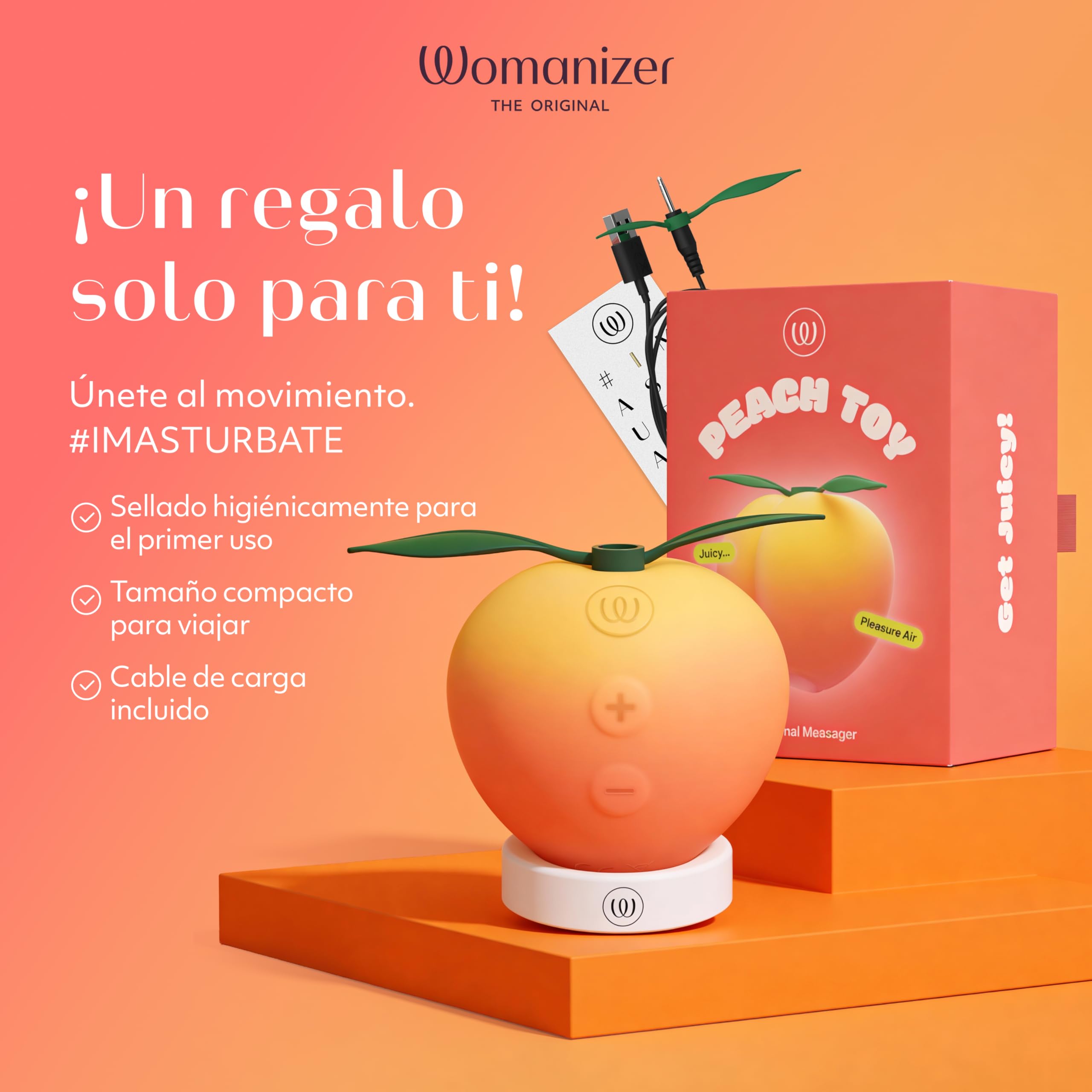 Womanizer Peach Succionador de Clítoris | Vibrador de Ondas de Presión Air Pulse | 14 Niveles | Cargador USB | Impermeable IPX7 | Cable de Carga y Base Soporte | Diseño Melocotón | Autonomía 60 min