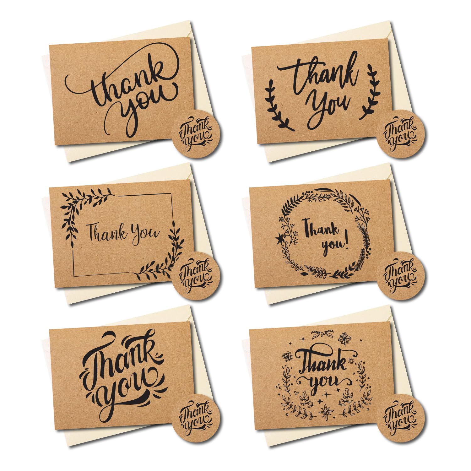 36 Pack thank you cards multipack with envelopes, Thank you notes for Kids,Weddings,Graduation, 36 Cream paper envelopes and 36 brown kraft cards with 40 thank you stickers