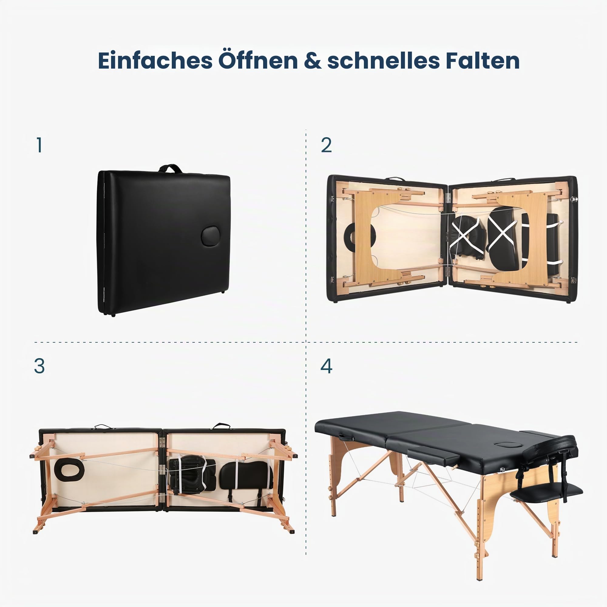 BODIOO Massageliege klappbar Mobile Massagetisch mit Holzfüßen 2-Zonen höhenverstellbar Tragebares Massagebett inkl. Kopfstütze & Armlehnen bis 250 kg Belastbar-Schwarz