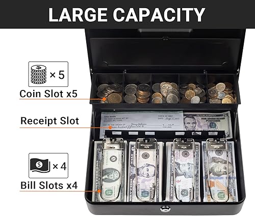 Miniatura 3 de Tera Caja de dinero grande con bandeja de dinero y cerradura de combinación 4 billetes 5 ranuras para monedas caja de dinero portátil de metal