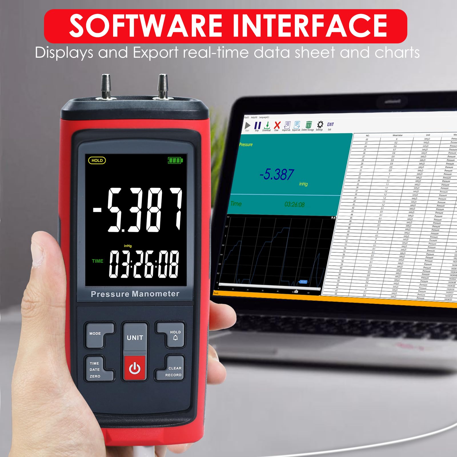 Manometro Digitale Differenziale 13 Unità bar mbar kPa psi per Aria e Gas, Tester HVAC con Gamma di Misura ±50 kPa, Registrazione Dati per Pneumatica, Compressori, Valvole e Serbatoi
