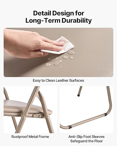 Miniatura 6 de VEVOR Paquete de 4 sillas plegables, sillas plegables de cuero con marco de metal resistente y cojín acolchado, sillas de mesa plegables portátiles