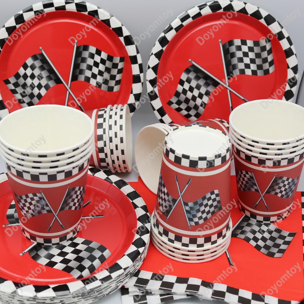 Stoviglie per Feste Corsa,Doyomtoy 72 Pezzi Racing Car Compleanno Decorazioni Auto Piatti di Compleanno, Tazze, Tovaglioli Bambini per Forniture per Feste a Tema per Auto 24 Ospiti