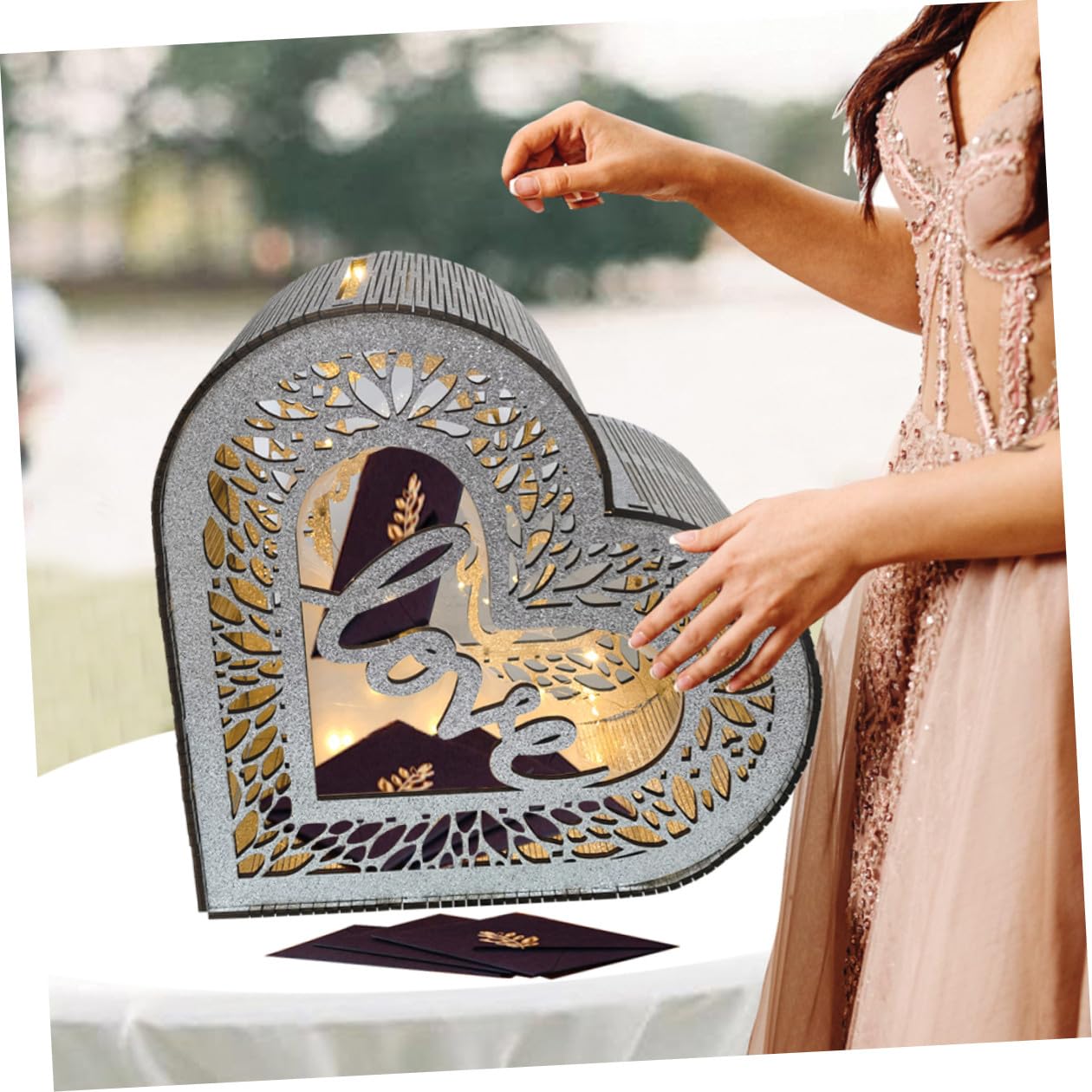 GALPADA Scatola per Biglietti in Legno a Forma di Cuore Porta Biglietti da Matrimonio e Anniversario Contenitore Portatile per Buste e Messaggi Decorazione per Ricevimenti e Feste