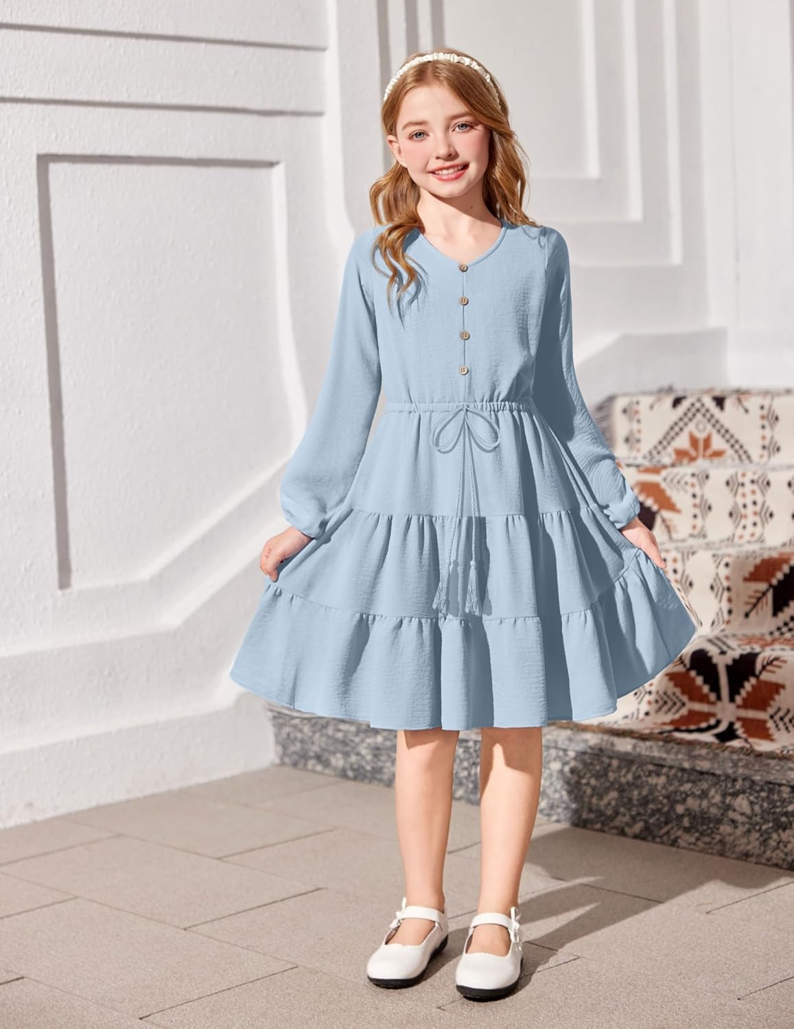 Arshiner Tween Girls Dresses Fall Long Sleeve V Neck Waist Tie Ruffle Tiered Swing Skater Dress - Image 2