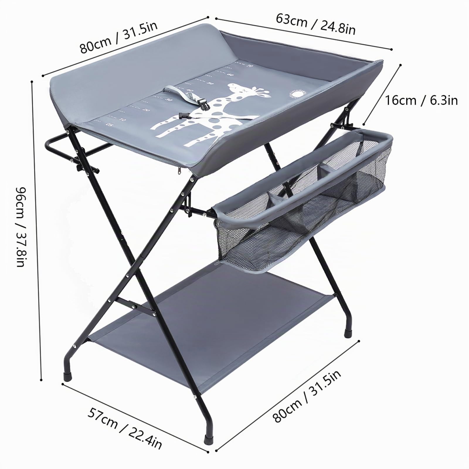 Commode à langer pour bébé, commode à langer pliable, table à langer avec matelas à langer, ceinture de sécurité et compartiments de rangement, peu encombrante et stable, charge maximale : 25
