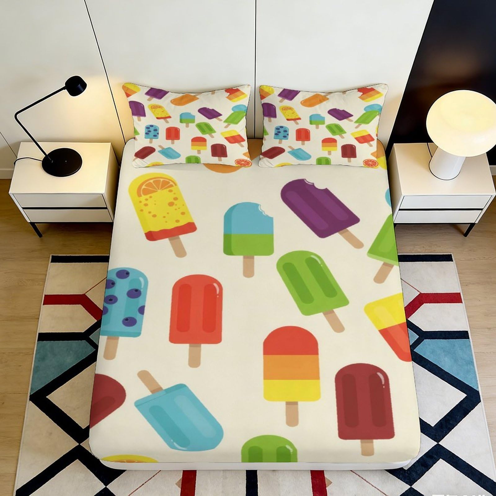 3D Printed Popsicle Fitted Sheet, Colourful Microfiber Soft Touch, Wrinkle Resistant, Bed Cover for Home Guest Room, Easy to Wash, Apartment Bedding, Characters 120x200x25cm