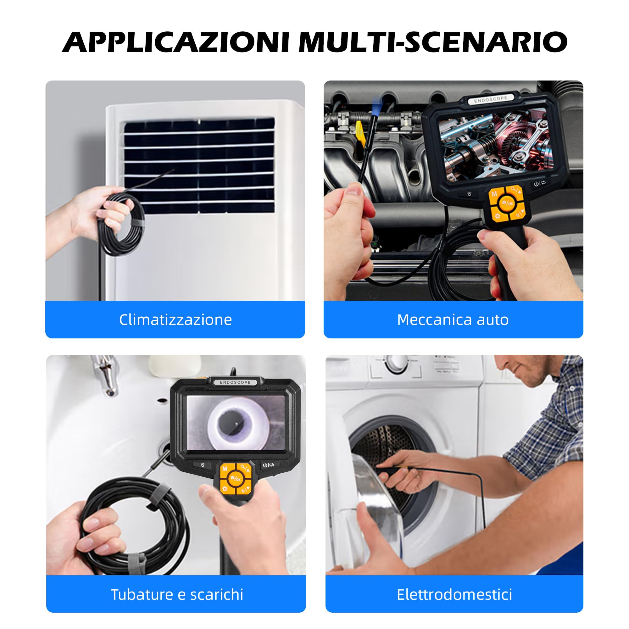 Telecamera endoscopica con luce, IP67, impermeabile endoscopio, 5", schermo IPS, telecamera di ispezione da 2 MP, fotocamera tubolare HD con 9 LED regolabili, cavo semirigido da 5M