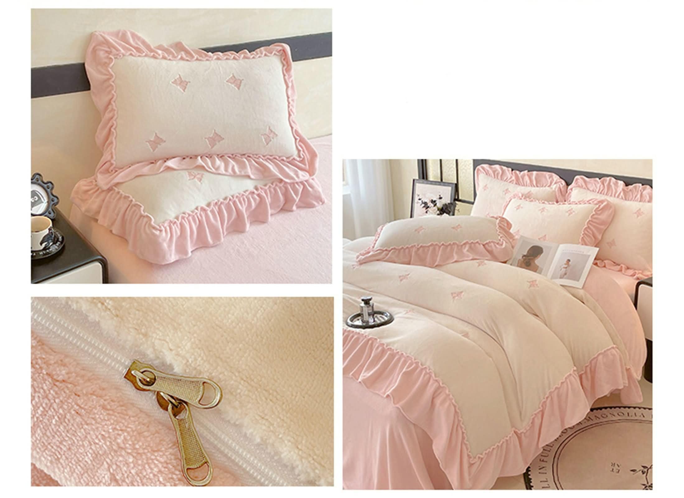Zestaw pościeli 4 sztuki łóżka 180, poszwa na kołdrę 200x230cm, prześcieradło z gumką 180x200cm, 2 poszewki na poduszki, wzór motyla z falbankami, miękki aksamit, różowy