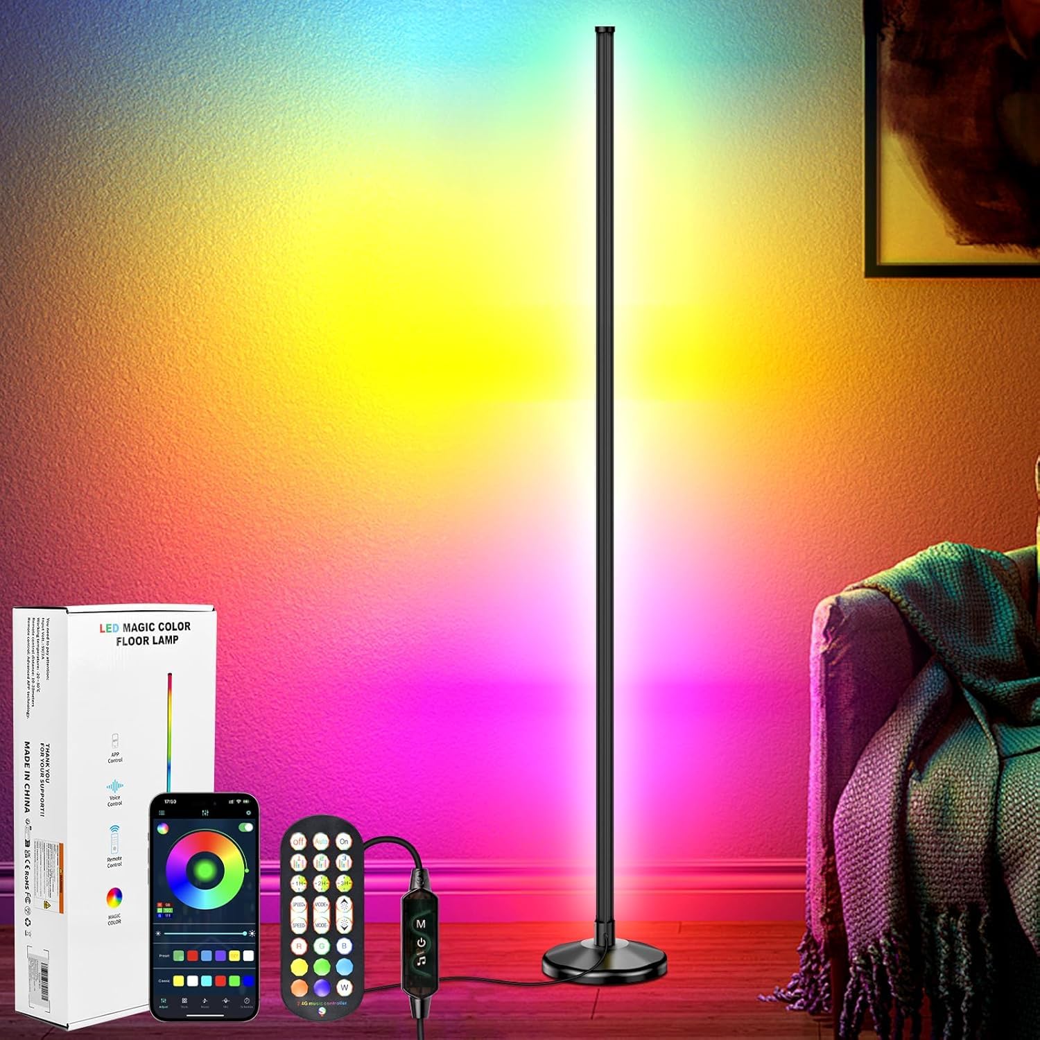 LED Floor Lamp, 165 cm RGB Dimmable Floor Lamp with Remote Control and Bluetooth APP, 16 Million Colours, Music Sync and Timer, DIY Mode (Multicolored)-image-16