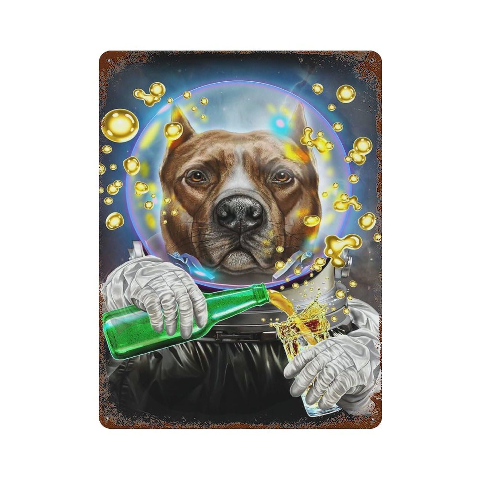Garage Style Astronaut Pit Bull Dog Aged Metal Wall Plaque 15.7"x11.8", Decorative Metal Wall Art for Bar And Workshop
