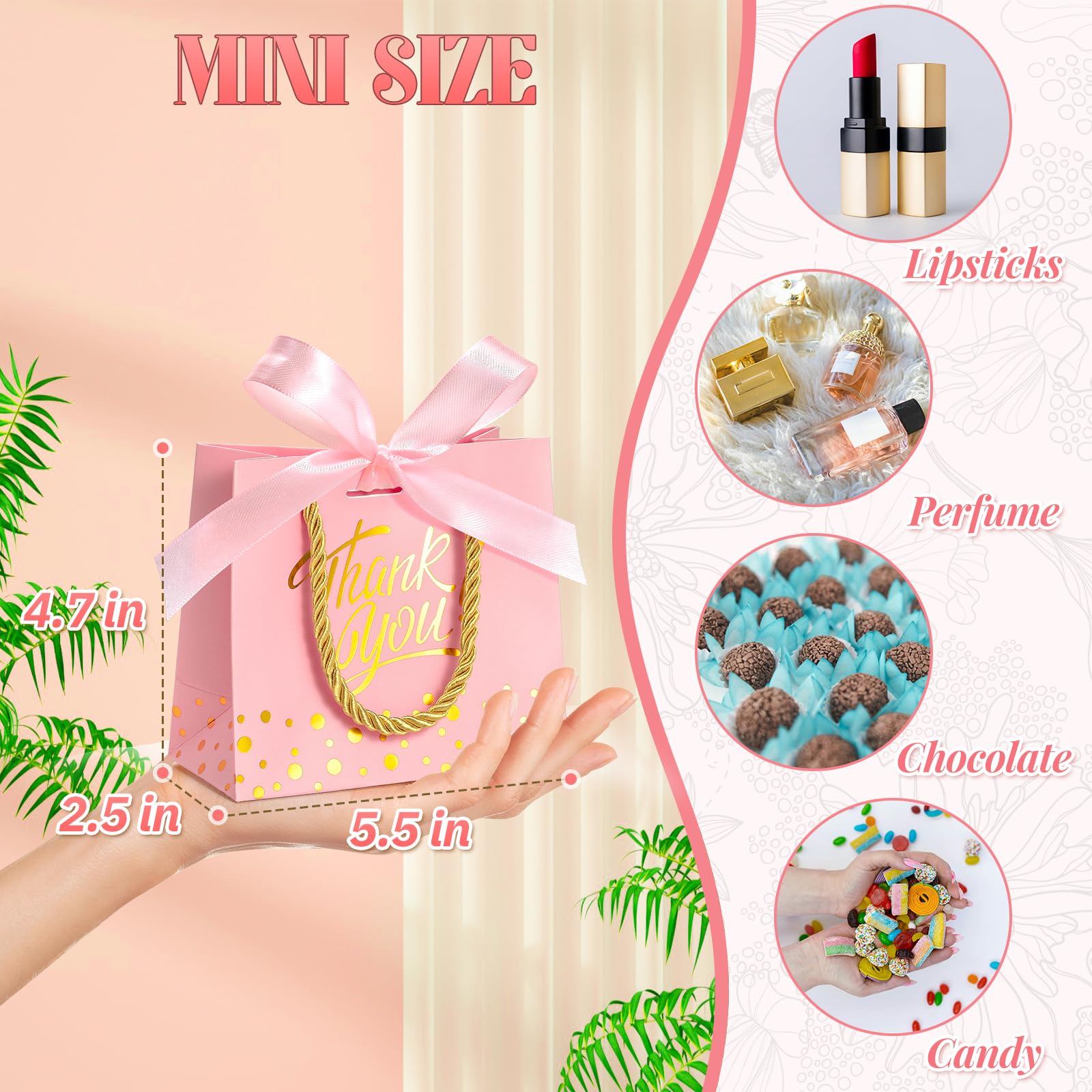 EQOREIIN 50 sztuk małych torebek na prezenty z podziękowaniami z uchwytami 14 x 6 x 11 cm mini torby na prezenty luzem, papierowe torby na prezenty na Dzień Matki, baby shower, ślub
