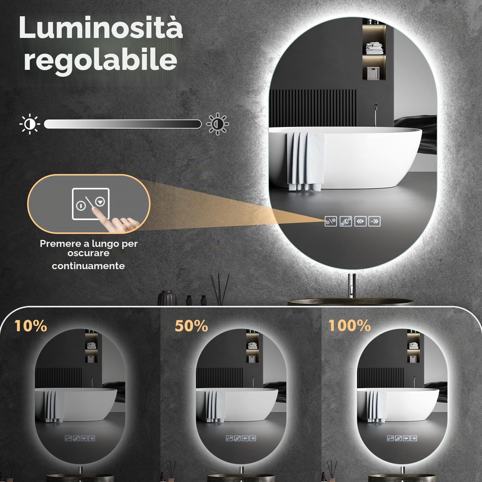 Specchio Bagno con Luce, 75x50cm, Specchio Smart con Antiappannamento, Memoria e Dimmerabile, Bluetooth per Musica, Tasto a Sè, Installazione Orizzontale o Verticale