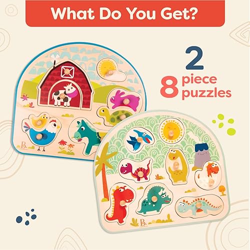 Miniatura 6 de B. toys - Juego de 2 rompecabezas de clavijas - Dinos y animales de granja - Rompecabezas de madera - 8 piezas cada uno - Juguetes clásicos para