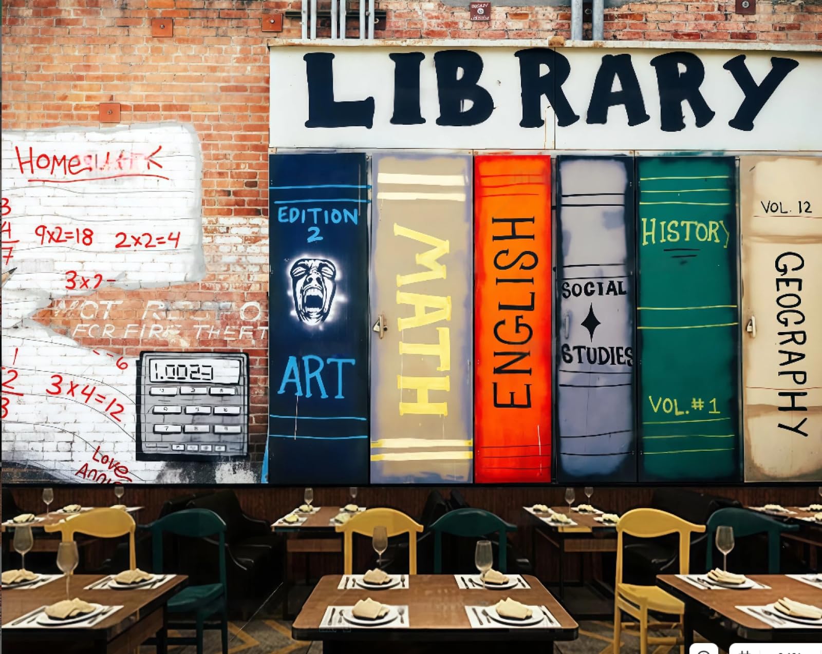 XDOUBAO Wallpaper Nostalgic Brick Wall Hand-Painted Graffiti Book Painting Library Beverage Shop Afternoon Tea Western Restaurant Background Wall Wallpaper Coffee Shop Mural,3D,250x175cm