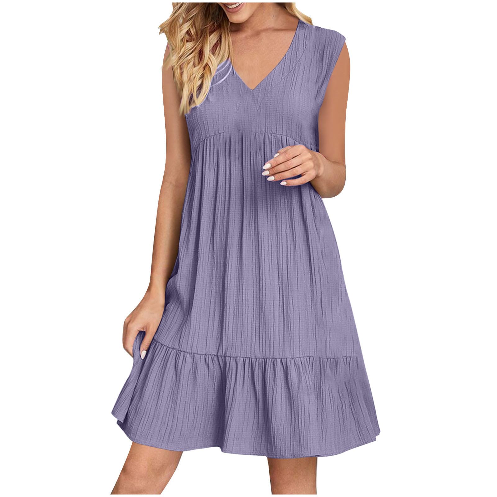 KOG Sommerkleid Damen Sommerkleider Basic Shirtkleid Einfarbige Frauen Tunika Bekleidung Strandkleider Kurz Hawaii Kleid Blusen Kleid Baumwolle Abendkleid Hochzeit Lila M